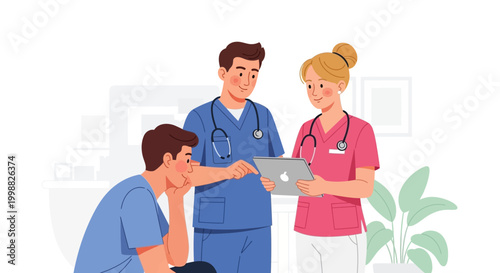 Medical team discusses patient records in a hospital setting together