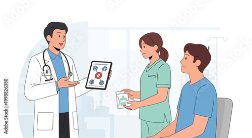 Doctor explains medical chart to patient and nurse in clinic