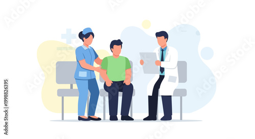 Medical professionals discussing health with a patient in a clinic setting
