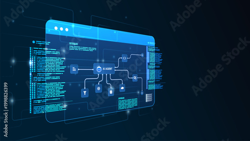 AI workflow automation artificial intelligence. ai agent network diagram dashboard machine learning flow process, coding and automation flow system.