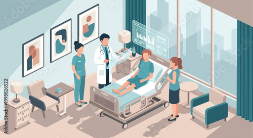 Hospital staff and family members interact in a modern hospital room with a patient