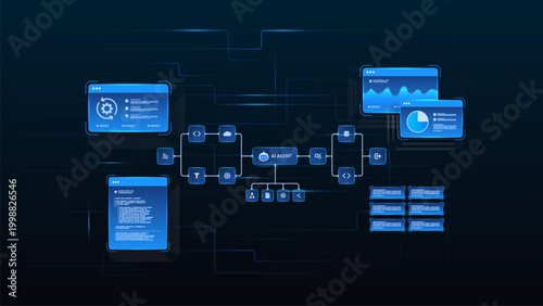 AI workflow automation artificial intelligence. ai agent network diagram with data pipelines, analytics panels, and software architecture in futuristic blue interface.
