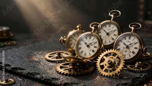 Vintage Pocket Watches and Brass Gears on Dark Stone Background