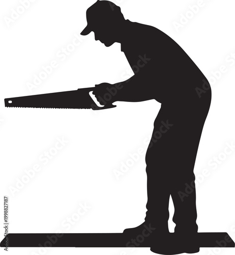 Silhouette of a Carpenter Cutting Wood with a Hand Saw