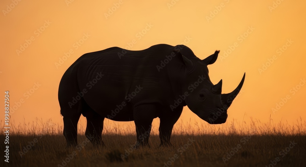Fototapeta premium Majestic rhinoceros silhouette standing against a vibrant African sunset sky on the savanna