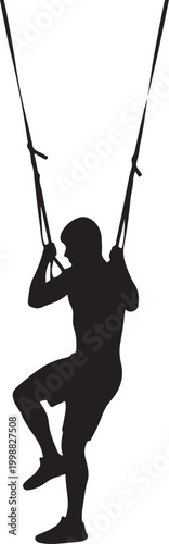 Silhouette of athlete training with suspension straps on white background