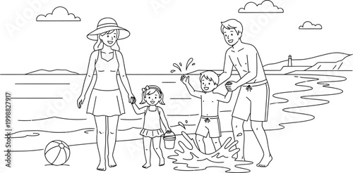 Happy family enjoying a fun summer day at the beach, with parents watching their kids playfully splashing water and having a memorable vacation together.