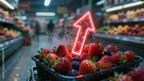 Food Price Increase Concept with Neon Arrow in Grocery Store