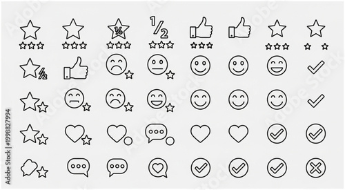Collection of various outline icons representing ratings, feedback, and positive emotions for design.