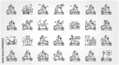 Collection of line art illustrations depicting various scooter riders in different scenarios.