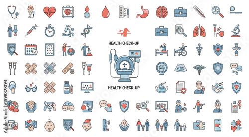 Medical icons and symbols representing health checkup and healthcare services.