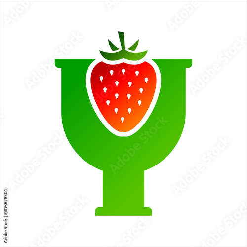 A creative logo featuring a red strawberry silhouette integrated into a green juice cup or goblet icon, perfect for healthy drink and smoothie branding.