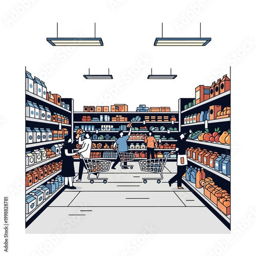 Diverse shoppers push carts down grocery aisle, selecting products from full shelves.