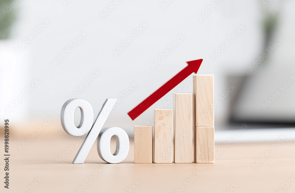Obraz premium Percentage sign with a rising bar chart, interest rate hike and inflation concept