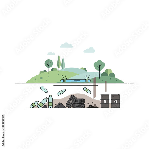Environmental pollution: plastic waste and industrial barrels underground