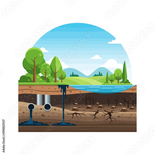 Environmental Pollution: Oil Spill Contaminating Soil and Water, Deforestation Impact