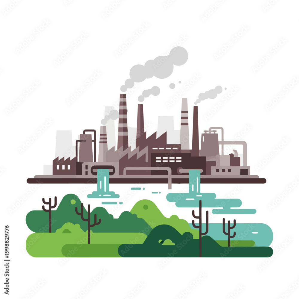 Fototapeta premium Industrial factory pollution impacting pristine nature landscape with smoke and waste water