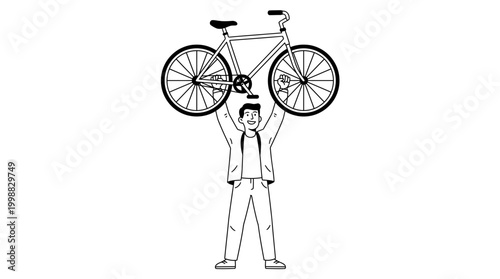 Man cheerfully lifting bicycle overhead in triumph celebrating achieve