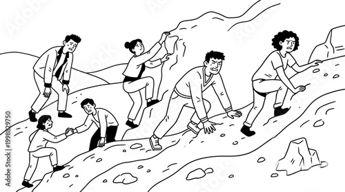 Diverse Team Climbing Mountain: Business Challenge Effort Teamwork and