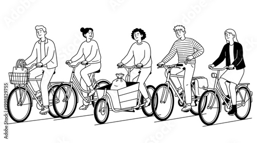 Group of Diverse People Riding Various Bicycles. Sustainable Urban Lif