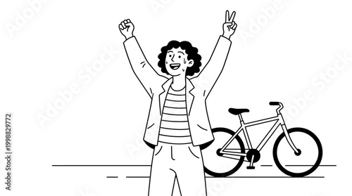 Joyful cyclist celebrates success with victory pose and peace sign aft