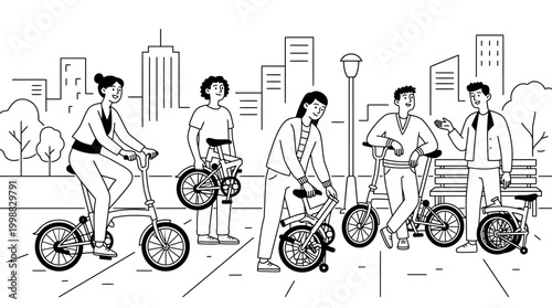 Illustration of diverse youth group with folding bikes urban commuting
