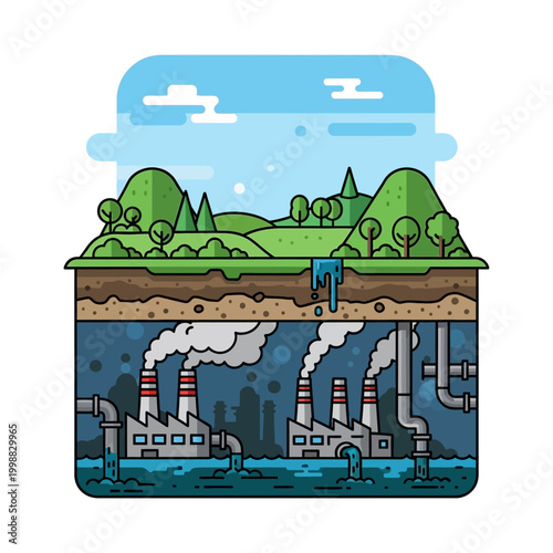 Industrial pollution contaminating water table below lush green landscape