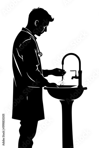 Doctor Washing Hands at Sink Hygiene Practice Clean Black and White Vector Silhouette of Medical Sanitation Procedure