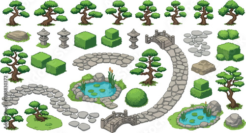 Japanese Zen garden landscape elements, isometric vector set of bonsai trees and stone paths, oriental park design kit with koi ponds and bridges
