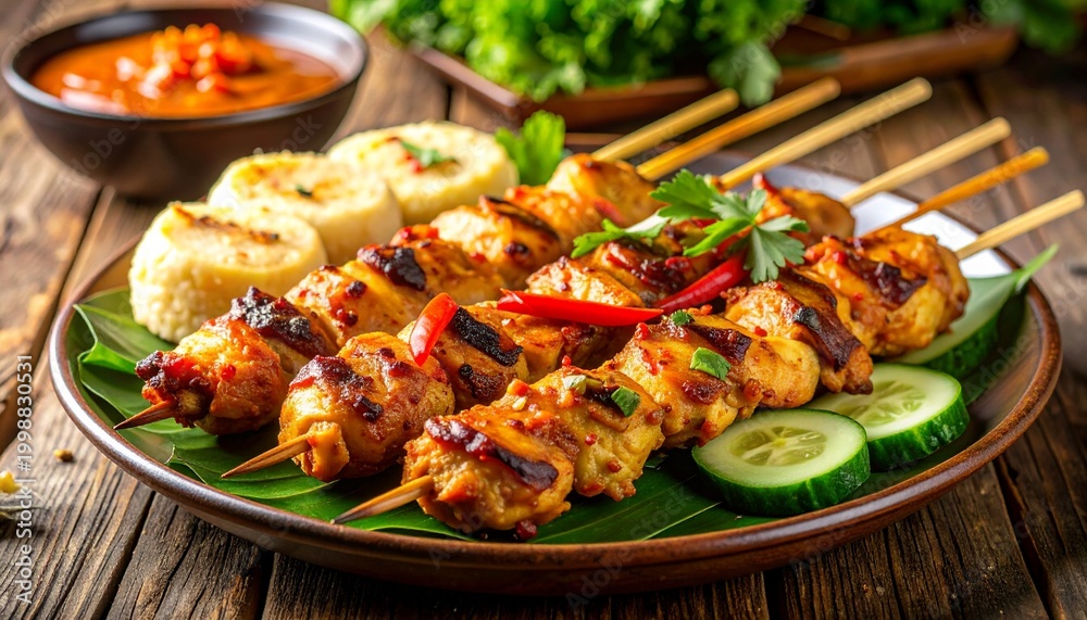 Fototapeta premium Eid al Adha Feast Satay Ketupat Peanut Sauce Lantern Ramadan