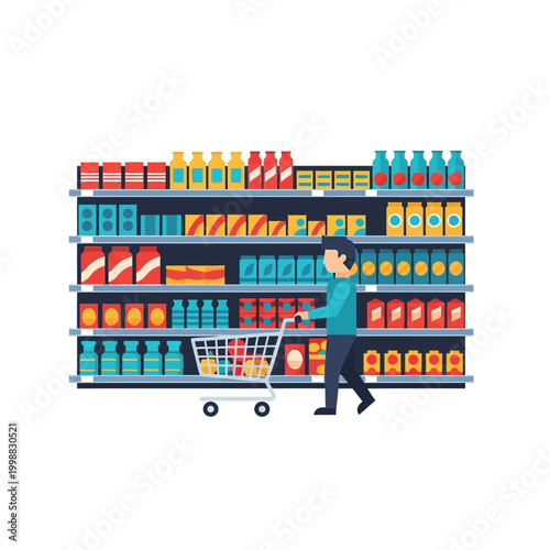 Man Pushing Shopping Cart in Supermarket Aisle with Shelves Full of Products