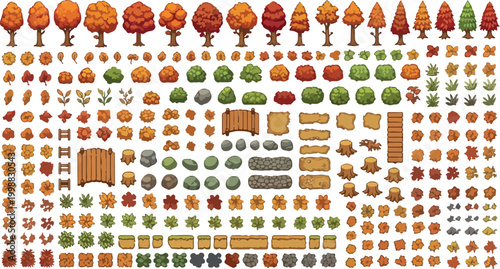 Pixel art autumn nature asset pack, retro game environment elements with orange trees and bushes, 2D game design sprites for fall landscapes