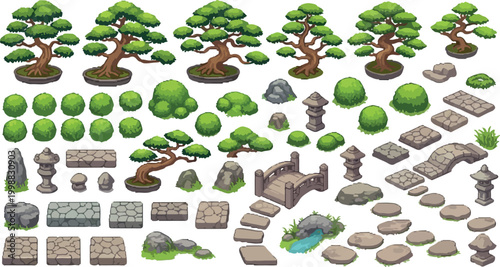 Japanese garden landscape vector set, isometric bonsai trees and stone lanterns, zen garden design elements with bridges and stepping stones
