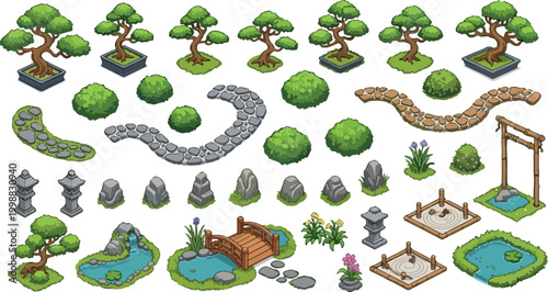 Isometric Japanese garden vector set, zen landscape elements with bonsai trees and stone lanterns, oriental park environment icons for game design