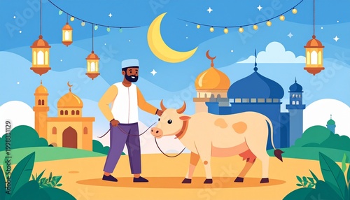 Eid al Adha sacrifice illustration man with cow mosque background