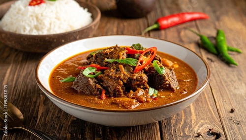 Indonesian Beef Rendang Spicy Curry with Rice Traditional Dish