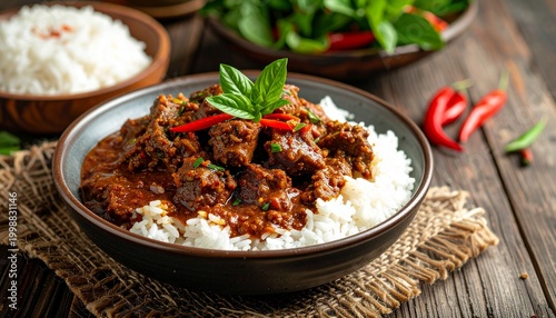 Indonesian Beef Rendang Spicy Curry with Rice Traditional Dish