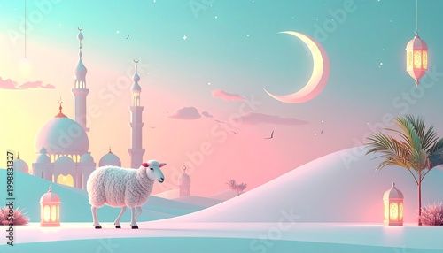 Pastel Eid al Adha Scene with Sheep Crescent Moon and Mosque sunrise