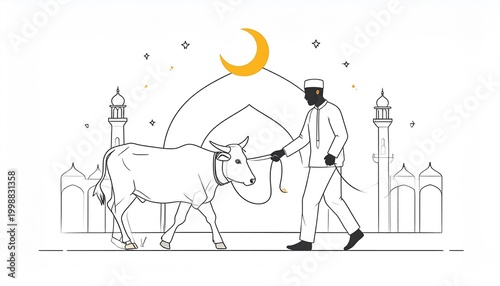 Eid al Adha illustration Muslim man leading cow for sacrifice flat art