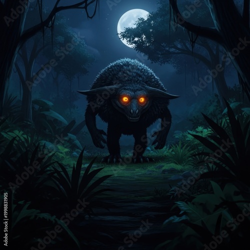 Mysterious Creature in a Dark Forest Under a Full Moon.