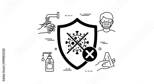 Coronavirus protection shield with hygiene icons: hand washing, sanitizer, face mask, and social distancing