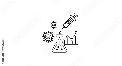 Coronavirus research and vaccine development, scientific experiment with syringe and flask