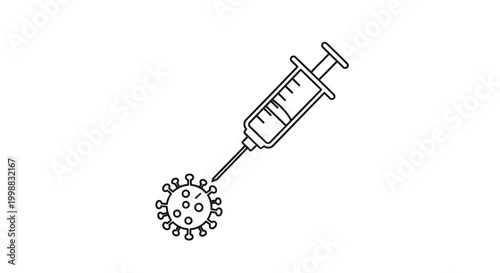 Coronavirus vaccine syringe injecting virus cell, medical research and treatment concept
