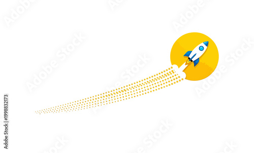 Flat rocket launch icon with yellow sun background, spaceship taking off with dotted smoke trail, business startup and growth concept vector