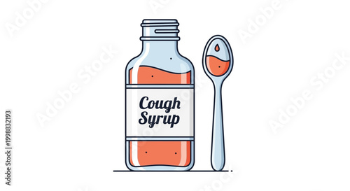Cough Syrup Bottle and Spoon with Orange Liquid - Medical Treatment Concept