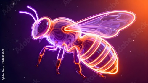 A vibrant 3D illustration of a honey bee created with glowing purple and orange neon lights, floating against a dark starry background.