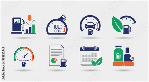 Fuel efficiency and eco-friendly transportation icons representing various concepts.