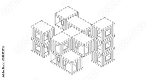 Isometric line drawing of a modular building structure with interconnected cubic units and openings.