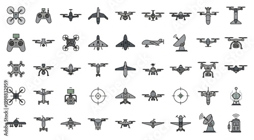 Collection of various drone and aircraft illustrations in a monochrome style for design.
