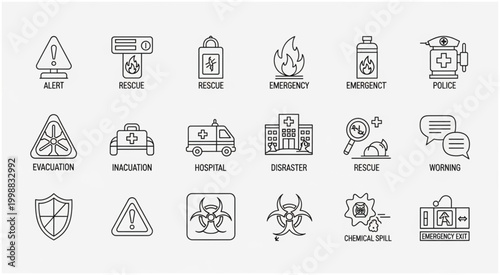 Emergency and safety icons representing various critical situations and responses.